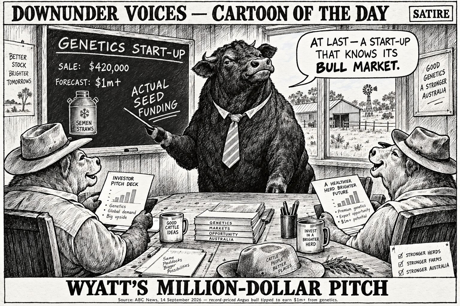 Black-and-white editorial cartoon of a record-priced Angus bull presenting a genetics start-up pitch to cattle investors under the words actual seed funding